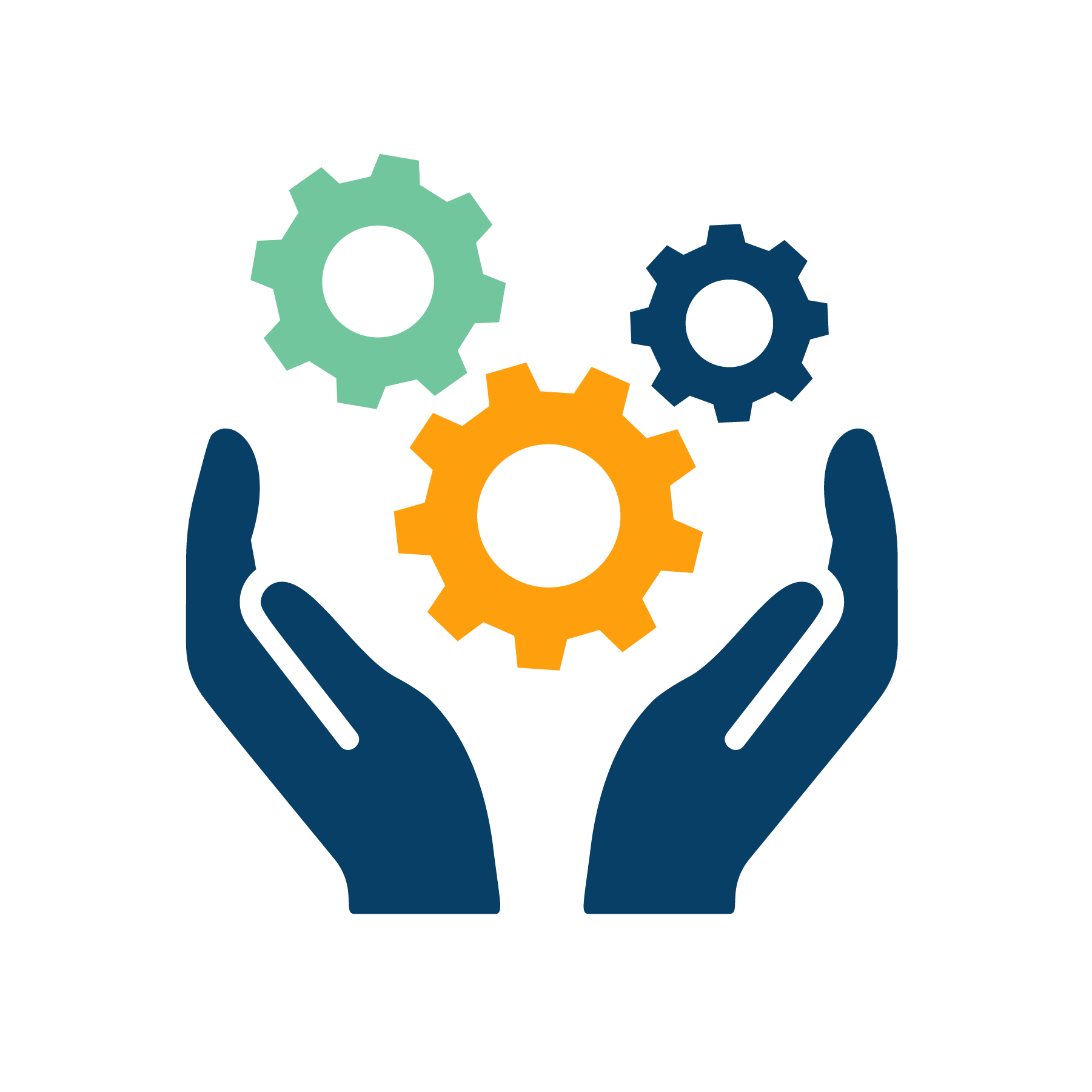 Icon image of two hands cupping three cog wheels.